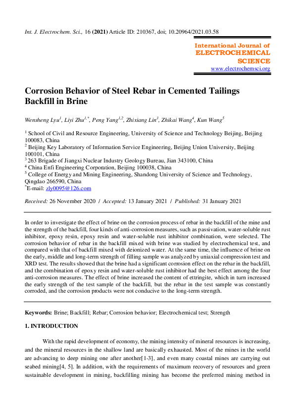 (PDF) Corrosion Behavior of Steel Rebar in Cemented Tailings Backfill ...