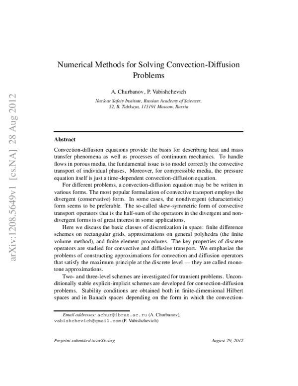 (PDF) Numerical Methods for Solving Convection-Diffusion Problems