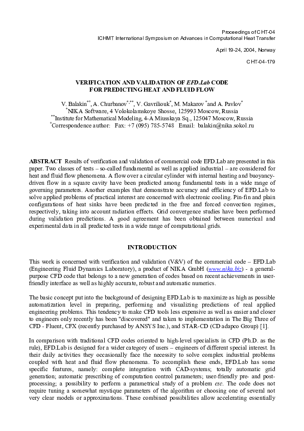 (PDF) VERIFICATION AND VALIDATION OF EFD.Lab CODE FOR PREDICTING HEAT ...