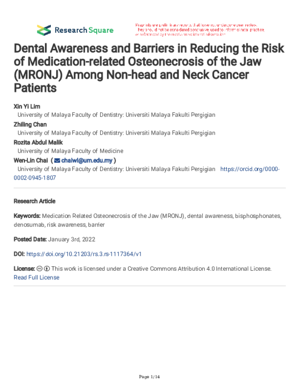 (PDF) Dental Awareness and Barriers in Reducing the Risk of Medication ...