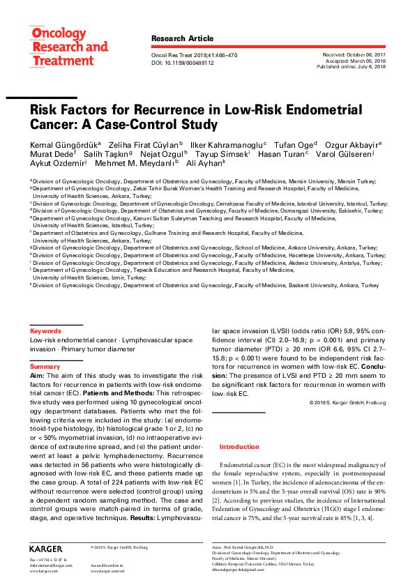 (PDF) Risk Factors for Recurrence in Low-Risk Endometrial Cancer: A ...
