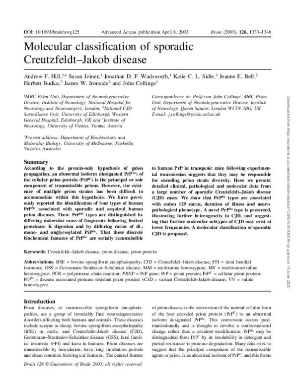 (PDF) Molecular classification of sporadic Creutzfeldt–Jakob disease