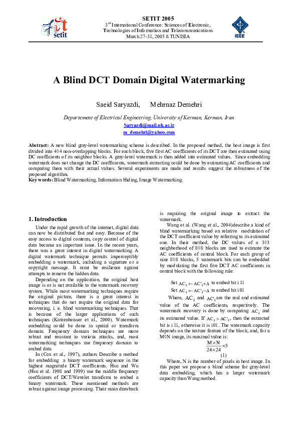 (PDF) A Blind DCT Domain Digital Watermarking