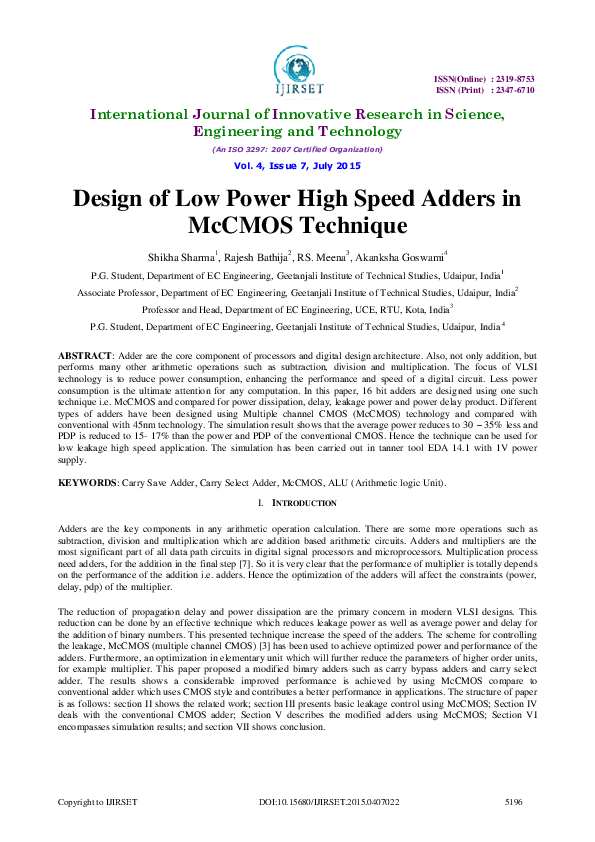 (PDF) Design of Low Power High Speed Adders in McCMOS Technique