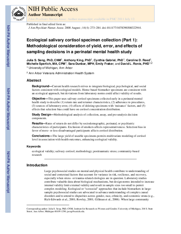 (PDF) Ecological Salivary Cortisol Specimen Collection—Part 1
