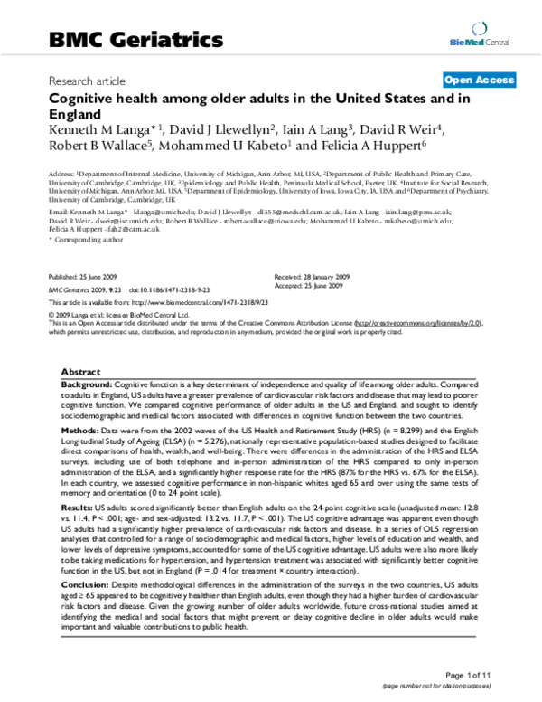 (PDF) Cognitive health among older adults in the United States and in ...