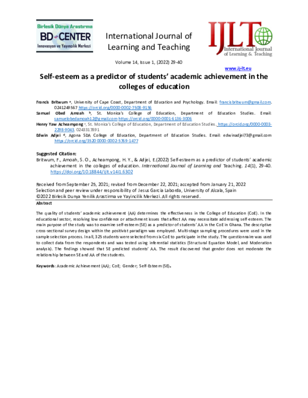 (PDF) Self-esteem as a predictor of students’ academic achievement in ...
