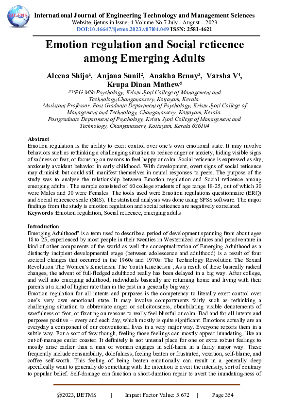 (PDF) Emotion regulation and Social reticence among Emerging Adults