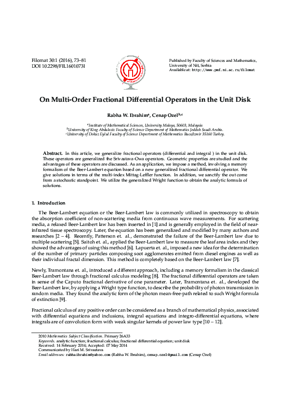 (PDF) On multi-order fractional differential operators in the unit disk