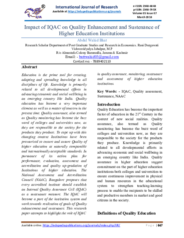 (PDF) Impact of IQAC on Quality Enhancement and Sustenance of Higher ...