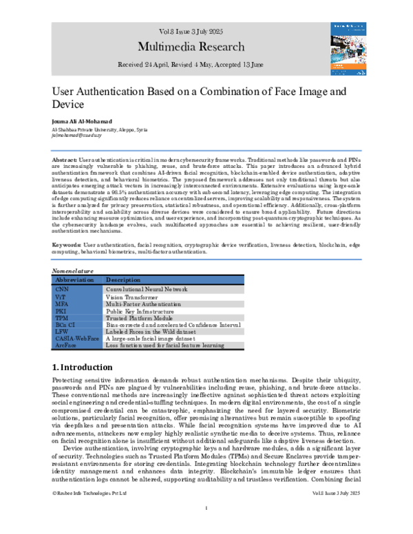 (PDF) User Authentication Based on a Combination of Face Image and Device