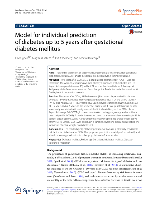 (PDF) Model for individual prediction of diabetes up to 5 years after ...
