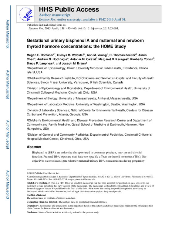 (PDF) Gestational urinary bisphenol A and maternal and newborn thyroid ...