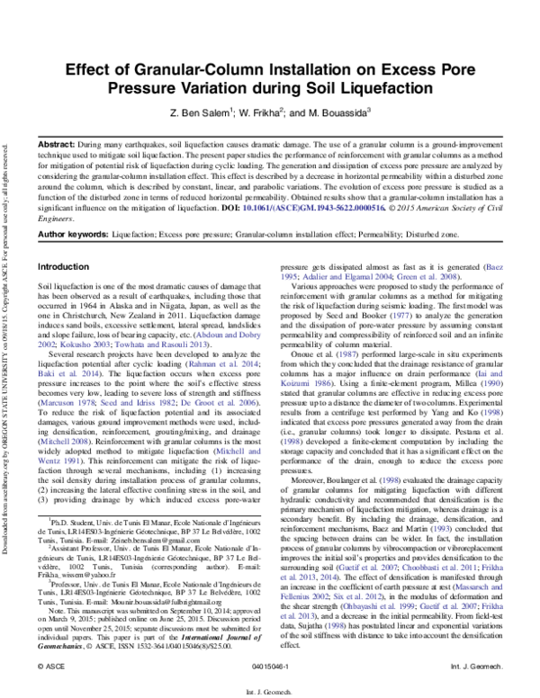 (PDF) Effect of Granular-Column Installation on Excess Pore Pressure ...