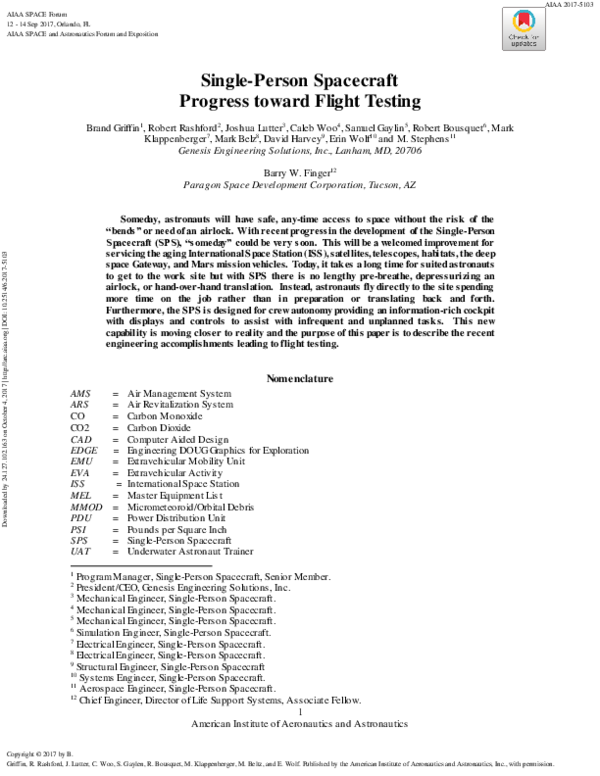 (PDF) Single-Person Spacecraft: Progress toward Flight Testing