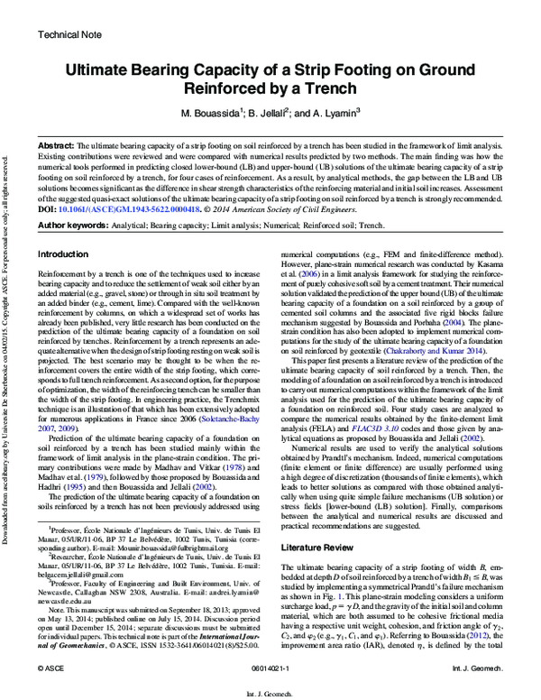 (PDF) Ultimate Bearing Capacity of a Strip Footing on Ground Reinforced ...