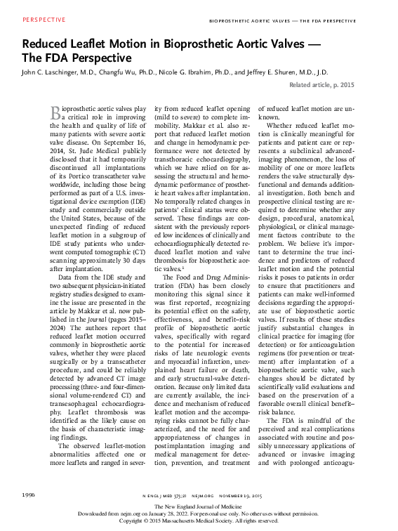 (PDF) Reduced Leaflet Motion in Bioprosthetic Aortic Valves — The FDA ...