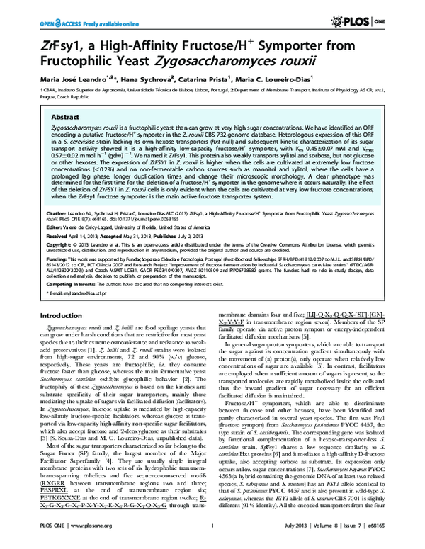 (PDF) ZrFsy1, a High-Affinity Fructose/H+ Symporter from Fructophilic ...