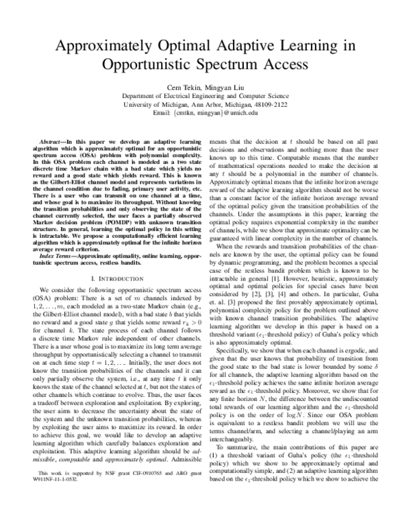 (PDF) Approximately optimal adaptive learning in opportunistic spectrum ...