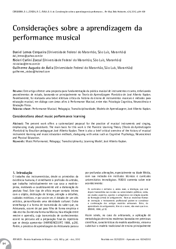 (PDF) Considerações sobre a aprendizagem da performance musical