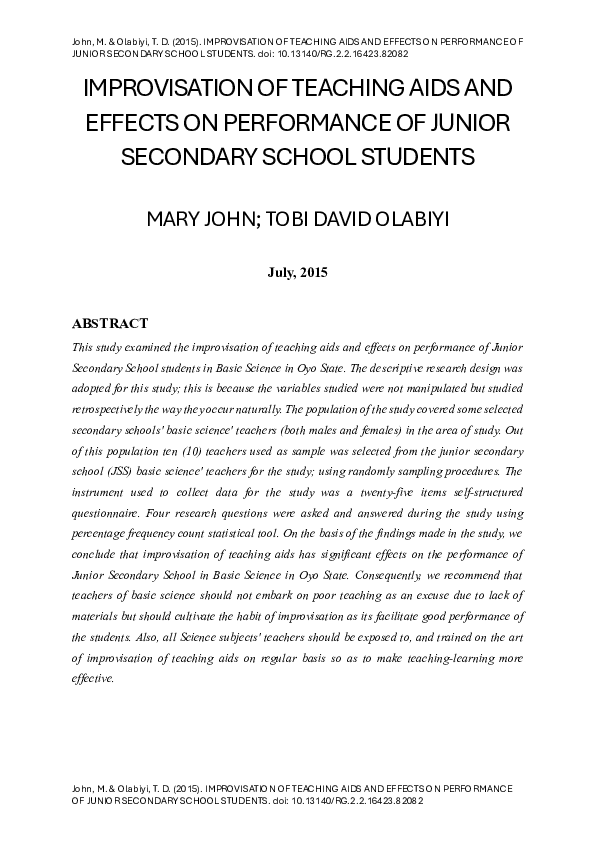 (PDF) IMPROVISATION OF TEACHING AIDS AND EFFECTS ON PERFORMANCE OF ...