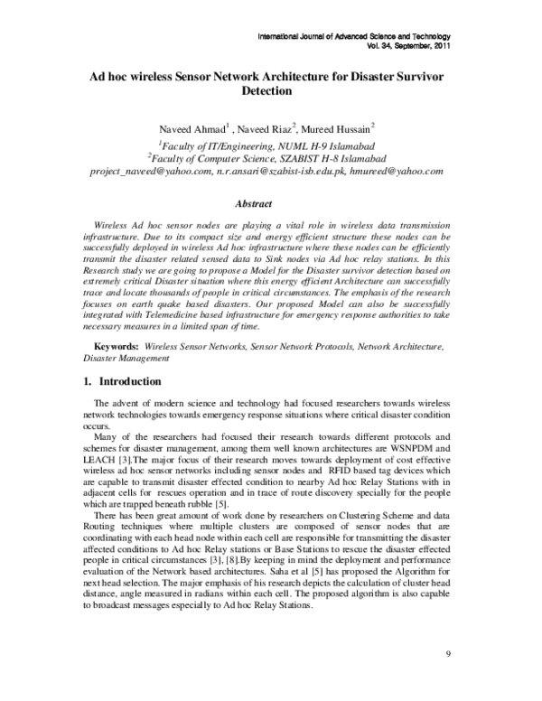 (PDF) Ad hoc wireless Sensor Network Architecture for Disaster Survivor ...