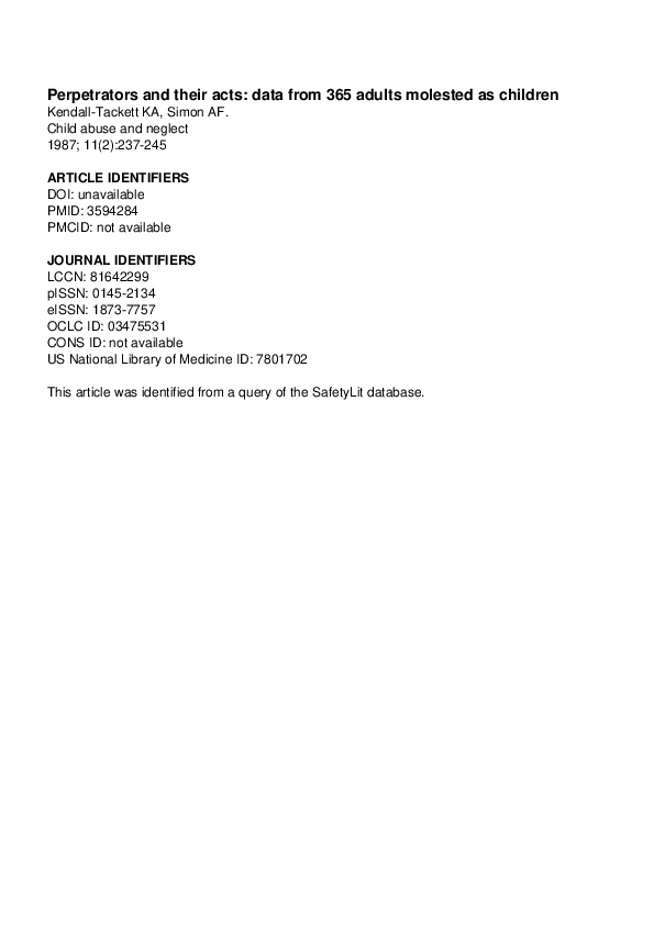 (PDF) Perpetrators and their acts: Data from 365 adults molested as ...
