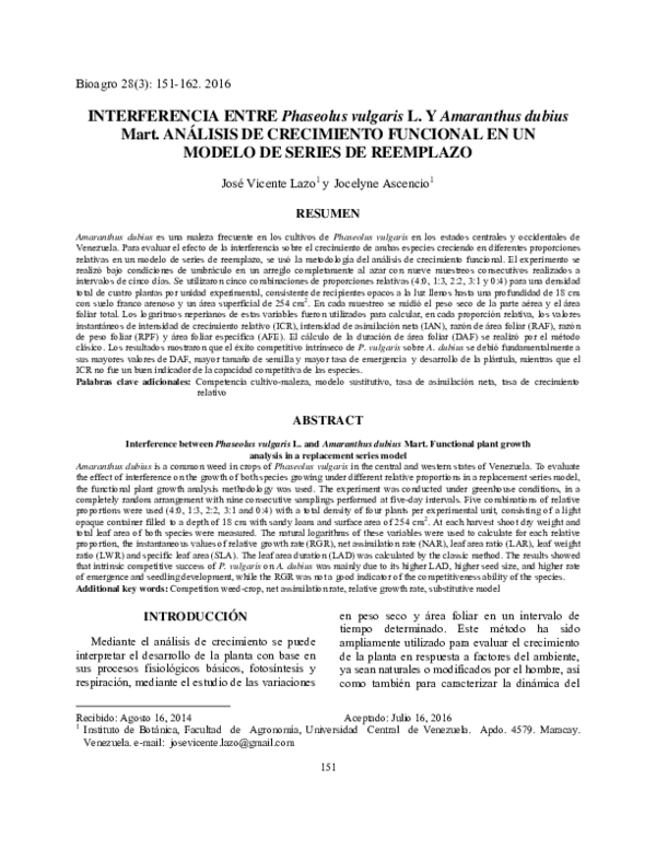 (PDF) INTERFERENCIA ENTRE Phaseolus vulgaris L. Y Amaranthus dubius ...
