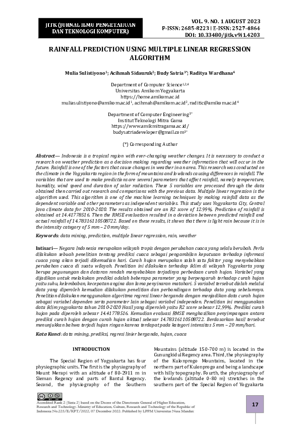 (PDF) Rainfall Prediction Using Multiple Linear Regression Algorithm