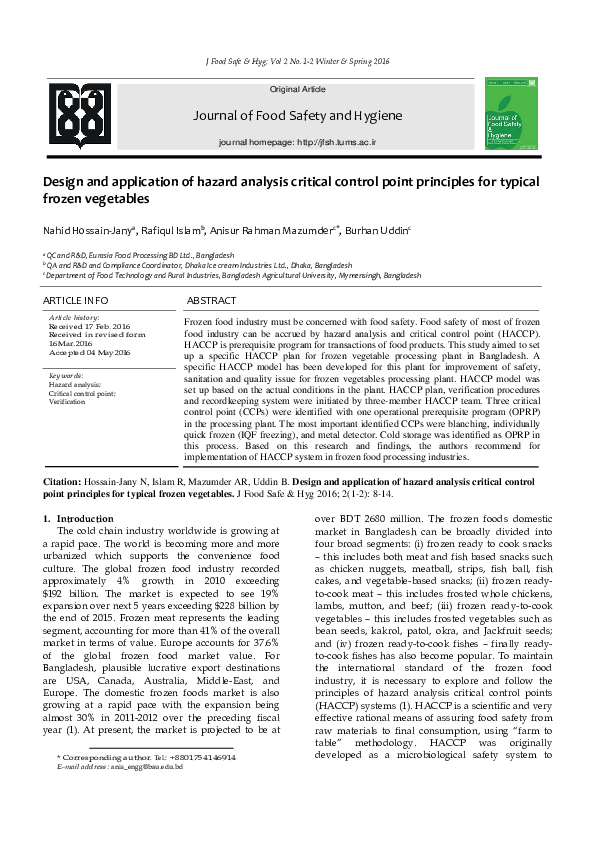 (PDF) Design and Application of Hazard Analysis Critical Control Point ...