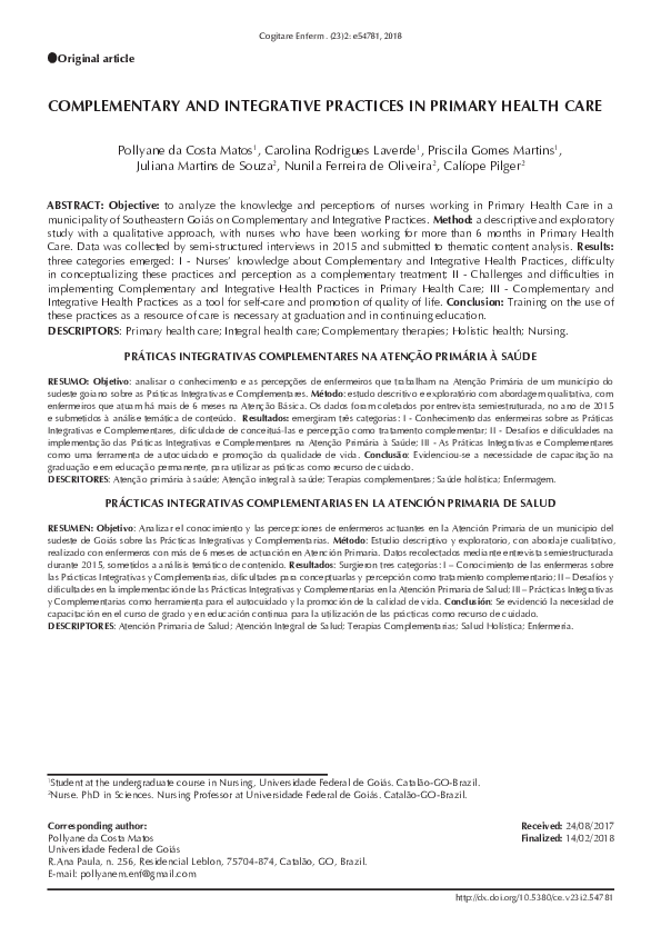 (PDF) Complementary and Integrative Practices in Primary Health Care