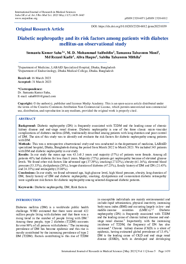 (PDF) Diabetic nephropathy and its risk factors among patients with ...