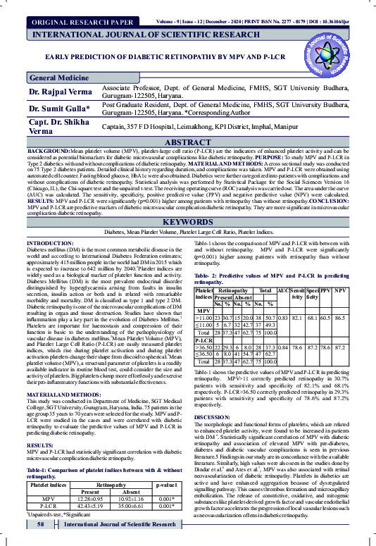 (PDF) Early Prediction of Diabetic Retinopathy by MPV and P-LCR