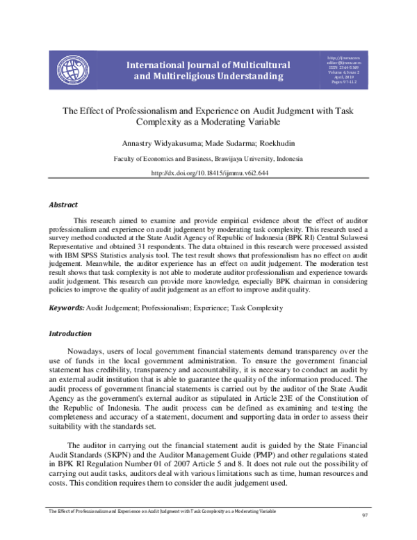(PDF) The Effect of Professionalism and Experience on Audit Judgment ...