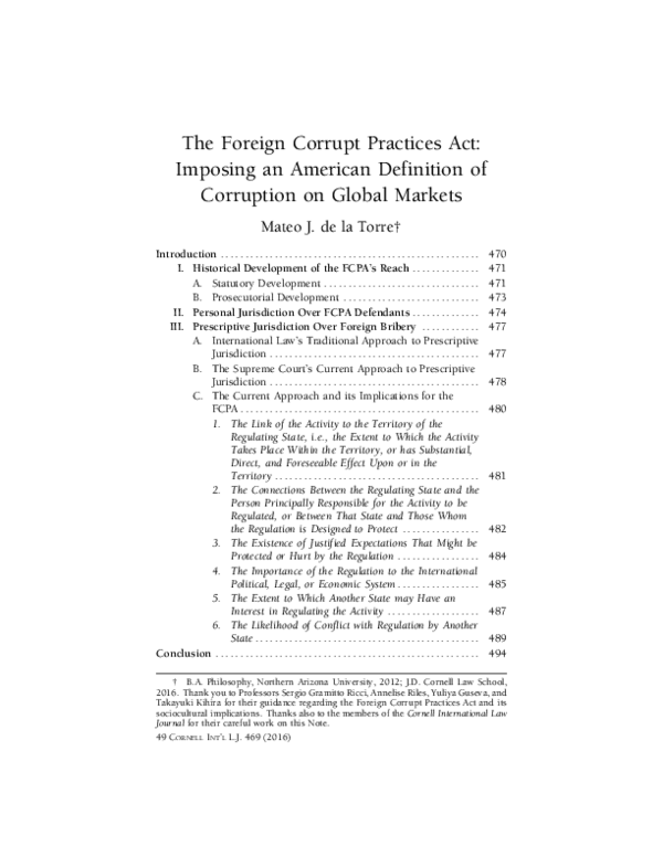 (PDF) The Foreign Corrupt Practices Act: Imposing an American ...