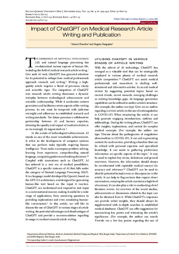 (PDF) Impact of ChatGPT on Medical Research Article Writing and Publication