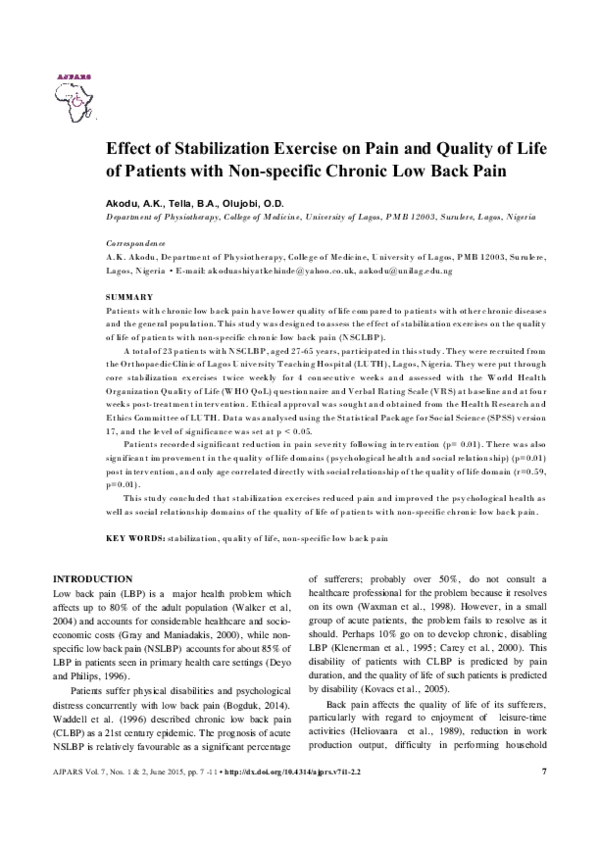 (PDF) Effect of stabilization exercise on pain and quality of life of ...