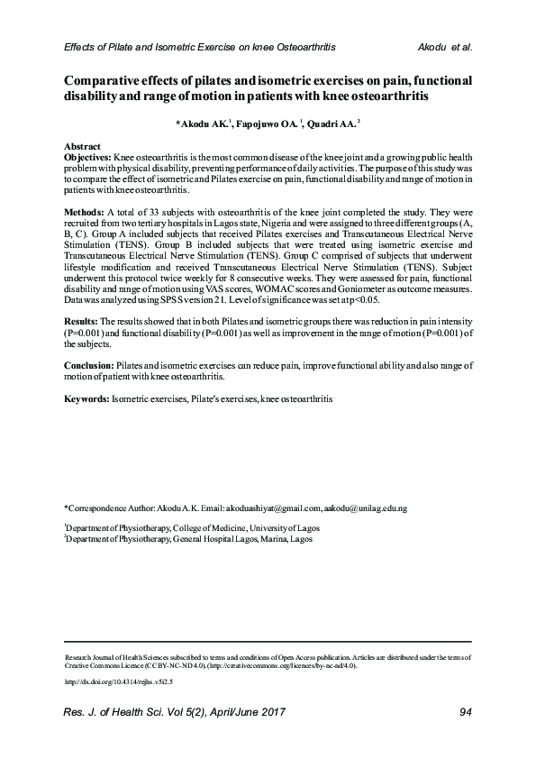 (PDF) Comparative effects of pilates and isometric exercises on pain ...