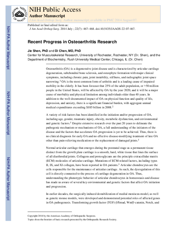 (PDF) Recent progress in osteoarthritis research