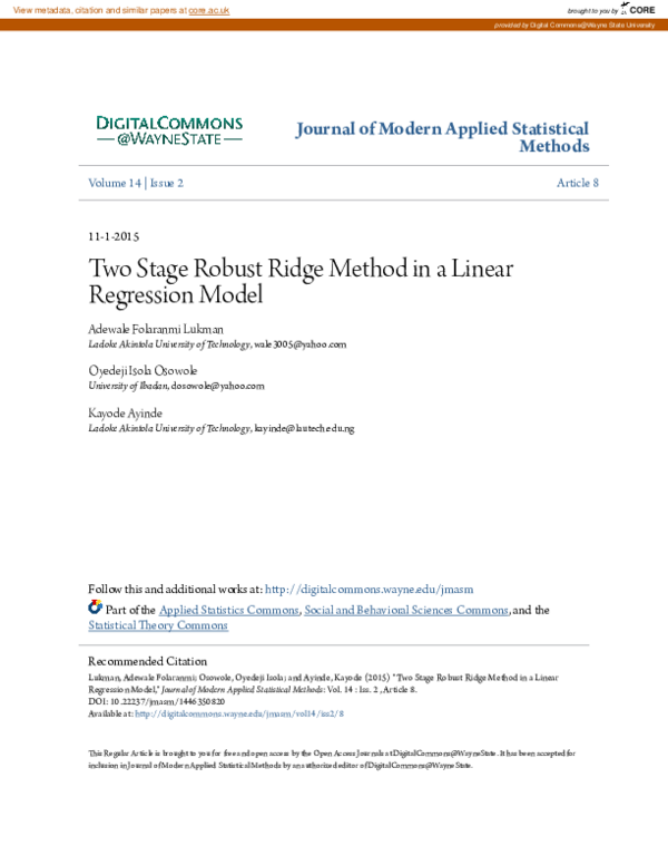 (PDF) Two Stage Robust Ridge Method in a Linear Regression Model