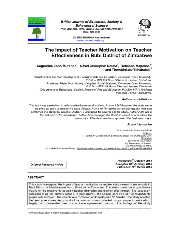 (PDF) The Impact of Teacher Motivation on Teacher Effectiveness in Bubi ...