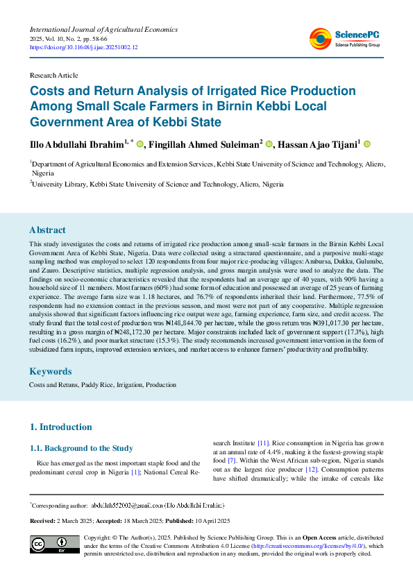 (PDF) Costs and Return Analysis of Irrigated Rice Production Among ...