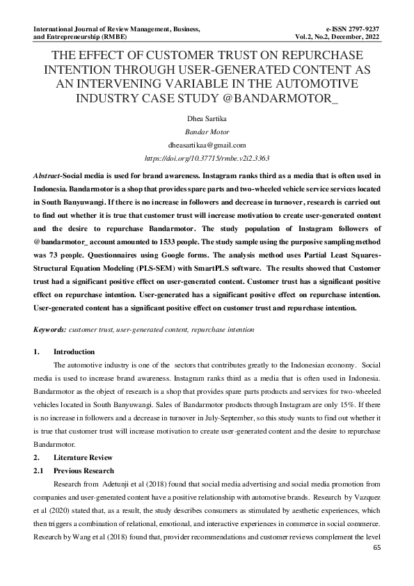 (PDF) The Effect of Customer Trust on Repurchase Intention Through User ...