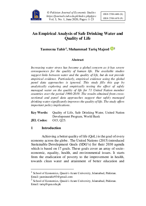 (PDF) An Empirical Analysis of Safe Drinking Water and Quality of Life