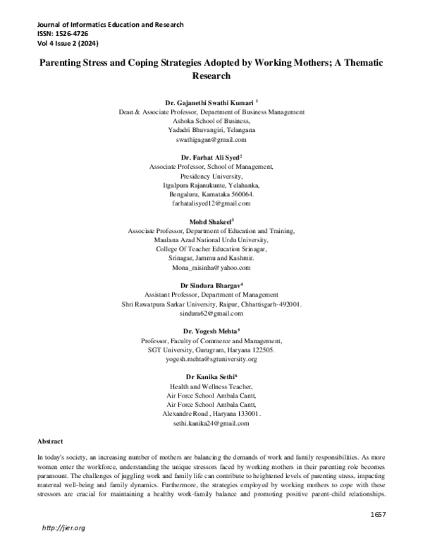 (PDF) Parenting Stress and Coping Strategies Adopted by Working Mothers ...