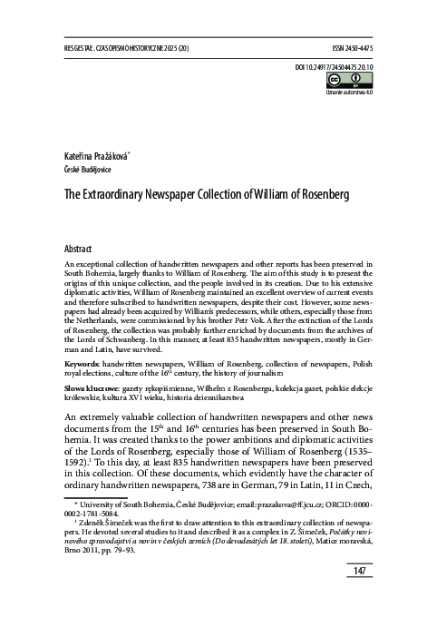 (PDF) The Extraordinary Newspaper Collection of William of Rosenberg