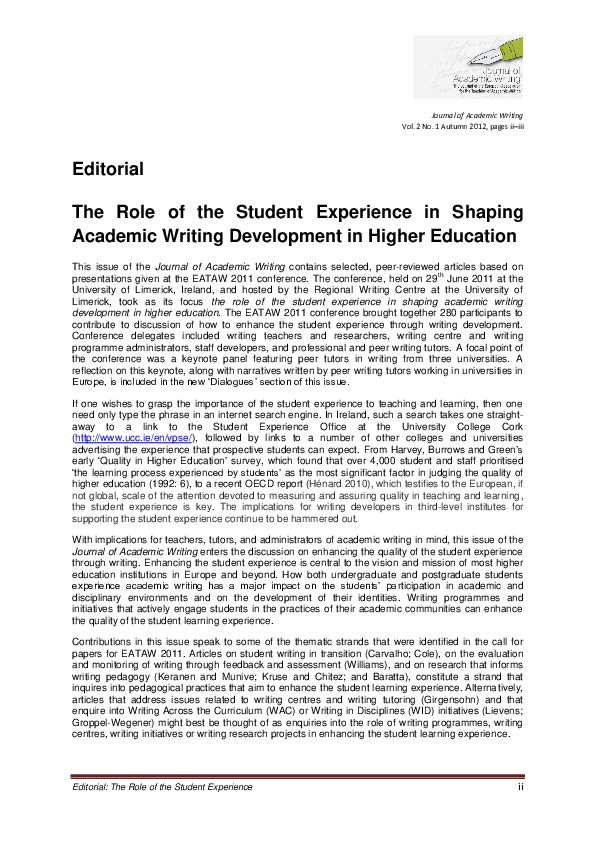 (PDF) Editorial: The Role of the Student Experience in Shaping Academic ...