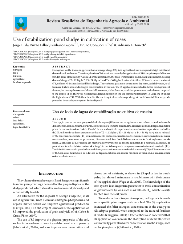 (PDF) Use of stabilization pond sludge in cultivation of roses