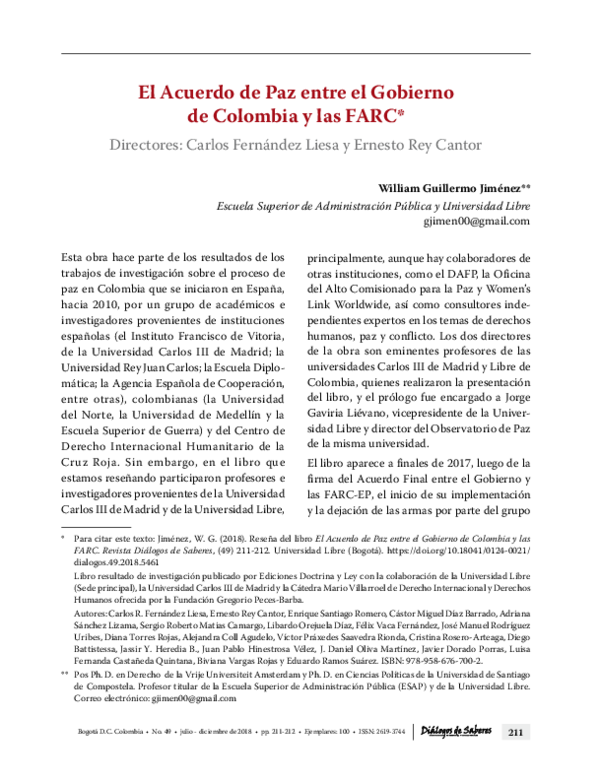 (PDF) El Acuerdo de Paz entre el Gobierno de Colombia y las FARC