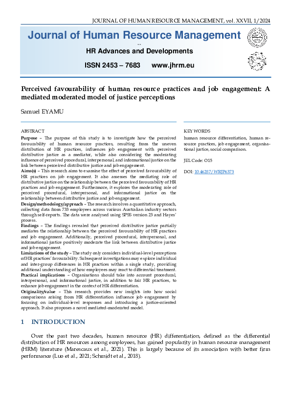 (PDF) Perceived favourability of human resource practices and job ...